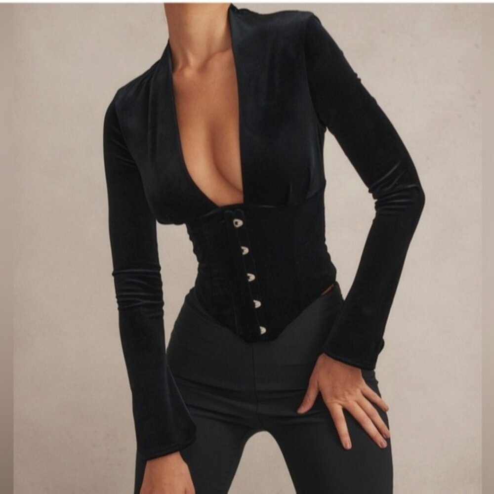 HOUSE OF CB Leonora Velvet Corset Top Black Lomg Sleeve S Small